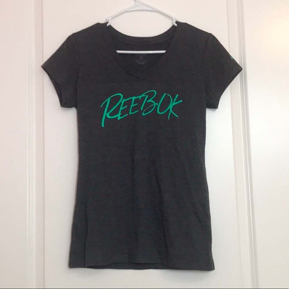 Women's Reebok Logo V-Neck TShirt - Gray/Green - S
